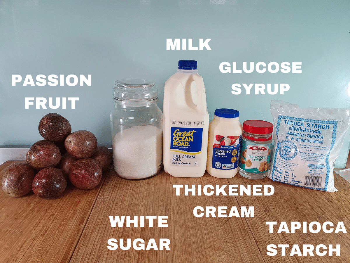 Passion fruit ice cream 3 Passion fruit ice cream ingredients, fresh passion fruit, white sugar, milk, thickened cream, glucose syrup, tapioca starch.