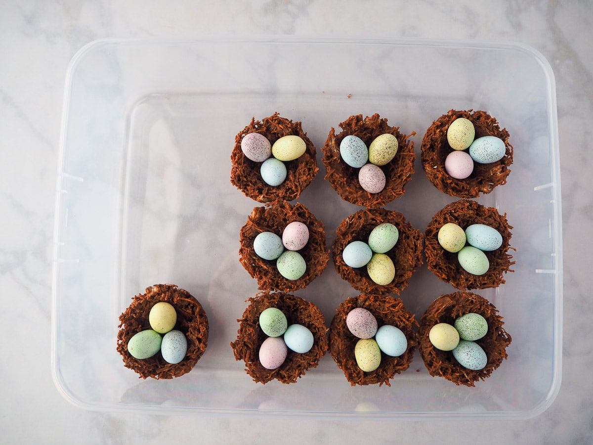 Top down view of shredded wheat nests in a container for storage.