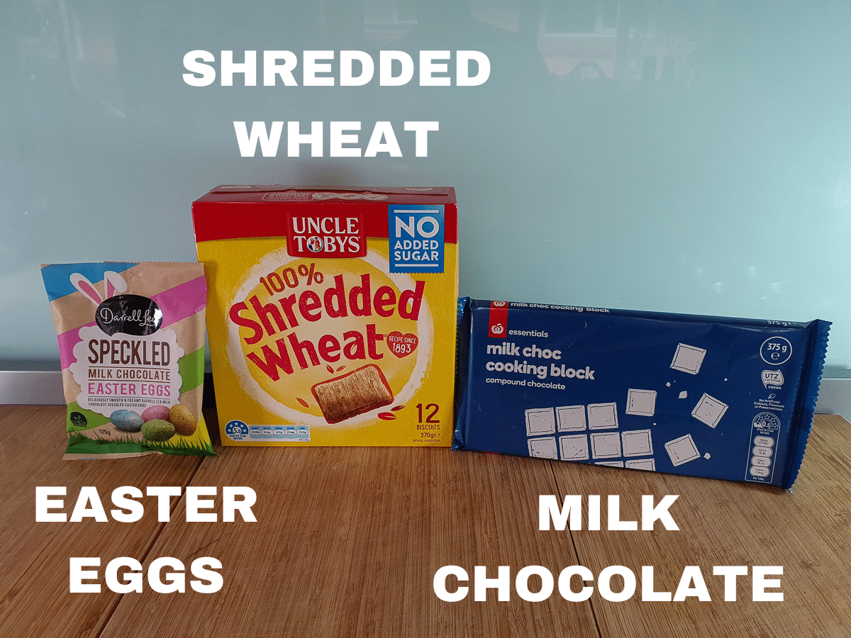 Shredded wheat ingredients, Easter eggs, shredded wheat, milk chocolate.