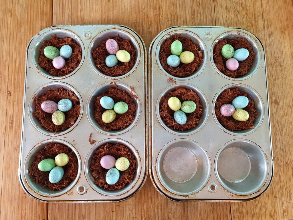 Made up chocolate nests ready to chill in fridge.