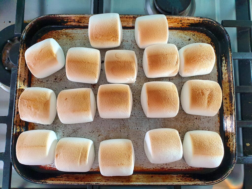 Marshmallows toasted on first side, medium brown color.