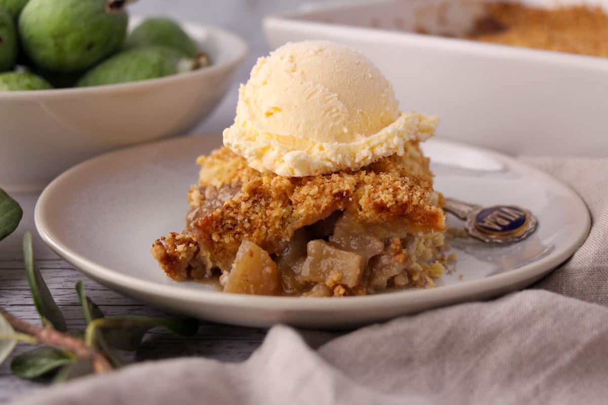 Feijoa crumble on a plate with a scoop of ice cream on top, vintage spoon on the side and fresh feijoas and baking dish of crumble in the background.