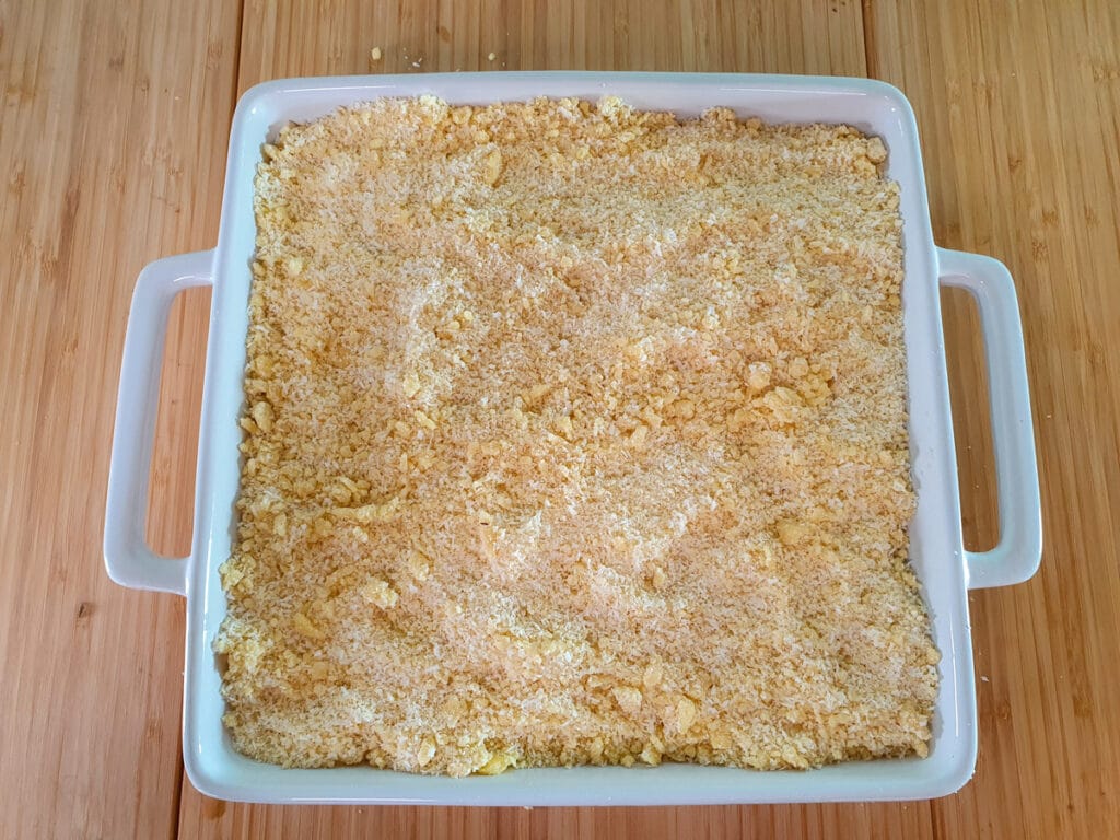 Ready to bake crumble with smoothed down crumble topping.