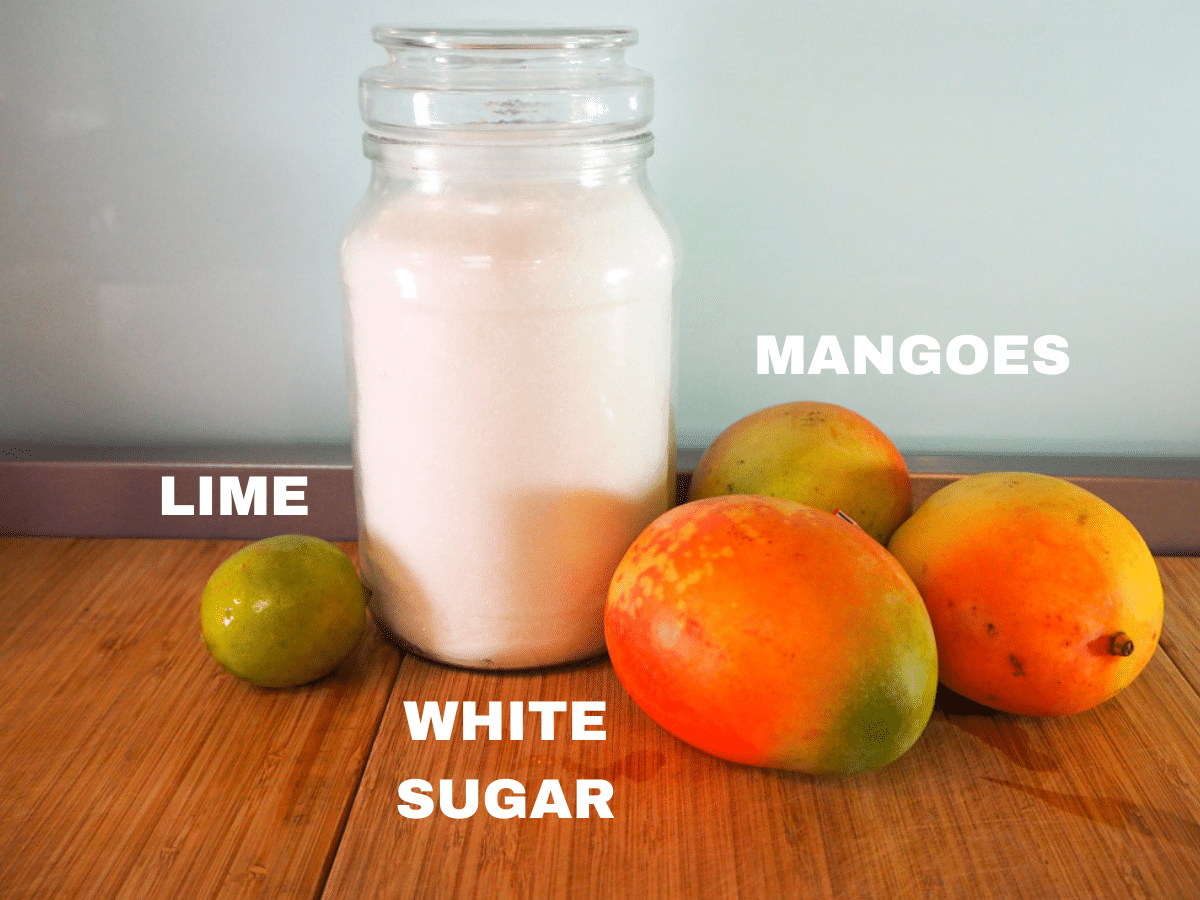 Mango coulis 4 Mango coulis ingredients, fresh lime, white sugar, fresh mangoes.