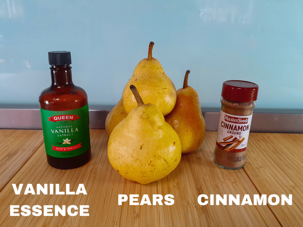 Stewed pears ingredients, vanilla essence, pears, ground cinnamon, water (not pictured).