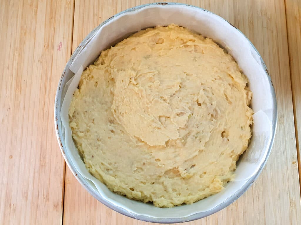 Smoothed down cake batter ready to bake.