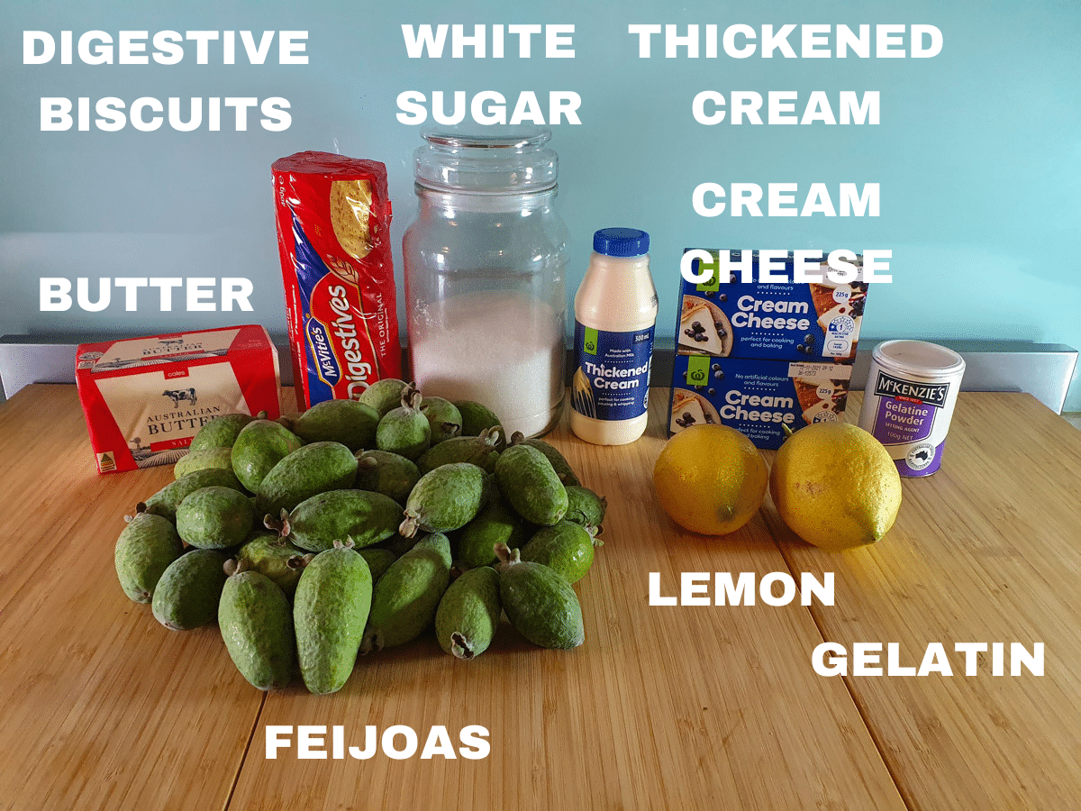 Feijoa cheesecake ingredients, feijoas, butter, digestive biscuits, white sugar, thickened cream, cream cheese, lemons, gelatin.