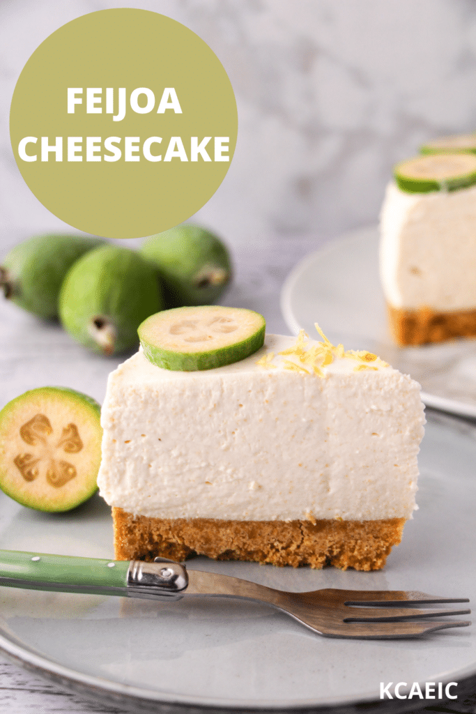 Slice of feijoa cake on the serving plate with vintage spoon, rest of cake and fresh feijoas in the background and text overlay, feijoa cheesecake, KCAEIC.