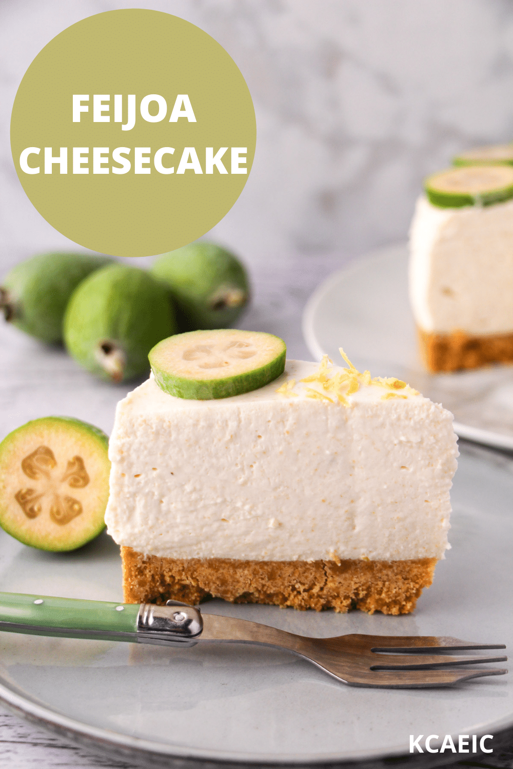 Feijoa cheesecake 25 Slice of feijoa cake on the serving plate with vintage spoon, rest of cake and fresh feijoas in the background and text overlay, feijoa cheesecake, KCAEIC.