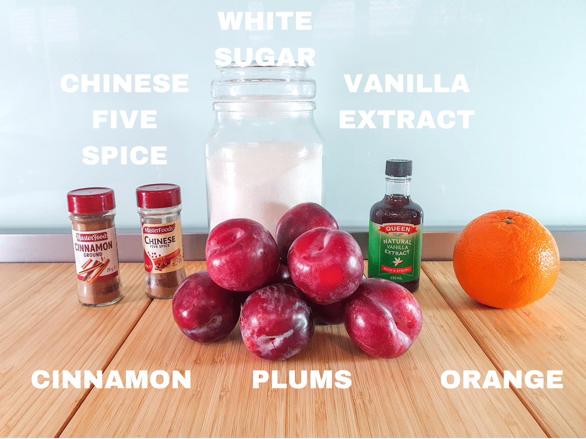 Stewed plums ingredients, cinnamon, Chinese five spice, plums, white sugar, vanilla extract, fresh orange.