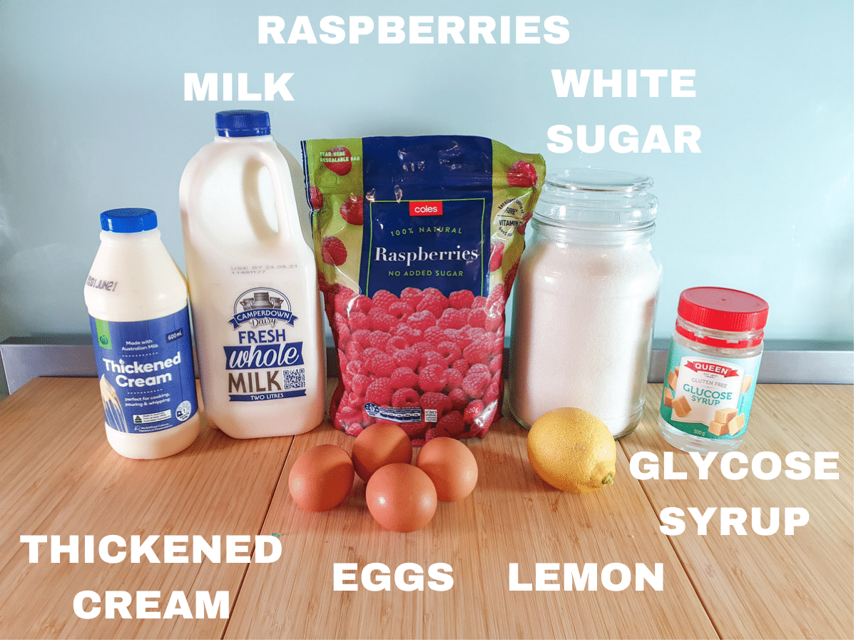 Raspberry ice cream 3 Raspberry ice cream ingredients, thickened cream, milk, eggs, raspberries, white sugar, lemon, glucose syrup.