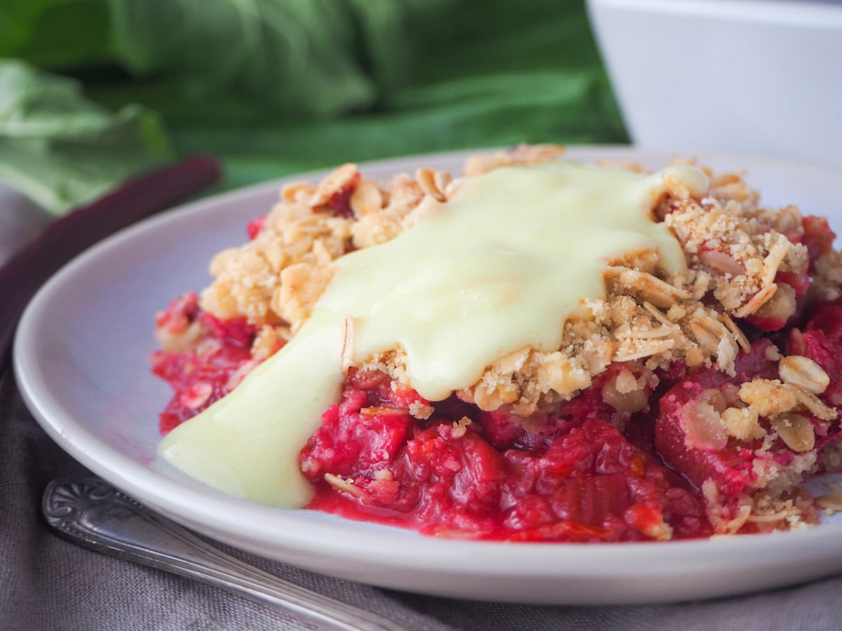 Rhubarb crumble with custard.