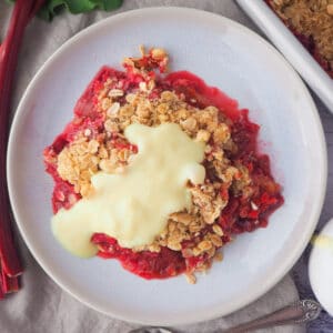 Close up rhubarb crumble with custard.