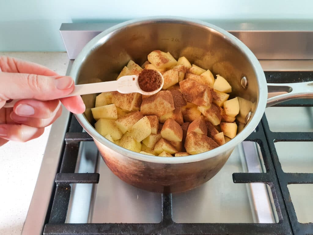 Adding ground cloves to apple mix in pot on stove.