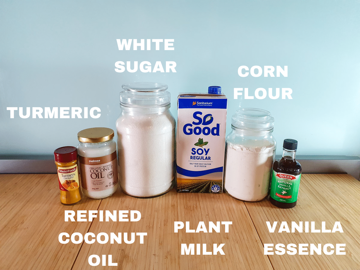 Vegan custard ingredients, turmeric, refined coconut oil, white sugar, plant milk (soy), corn flour and vanilla essence or extract.