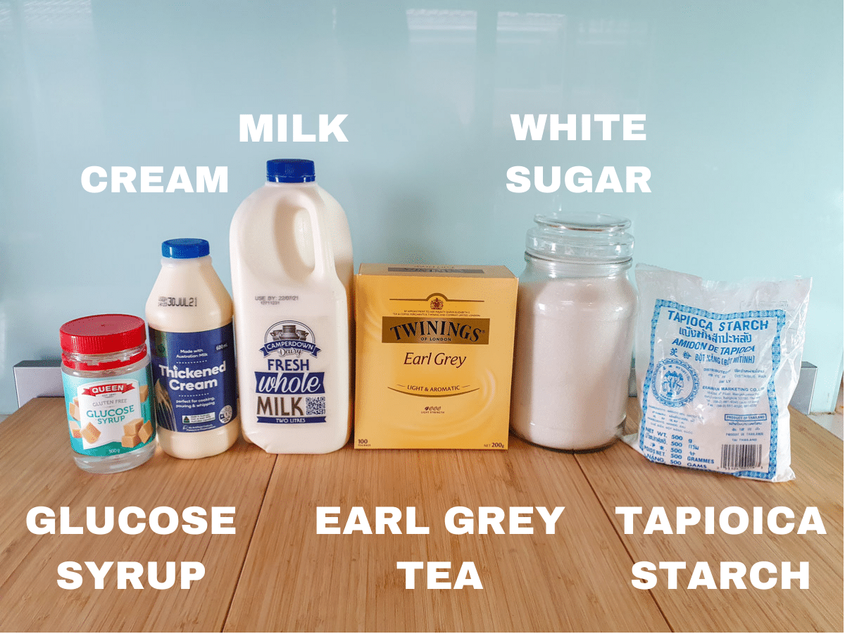 Ice cream ingredients, glucose syrup, thickened cream, milk, earl grey tea bags, white sugar, tapioca starch.