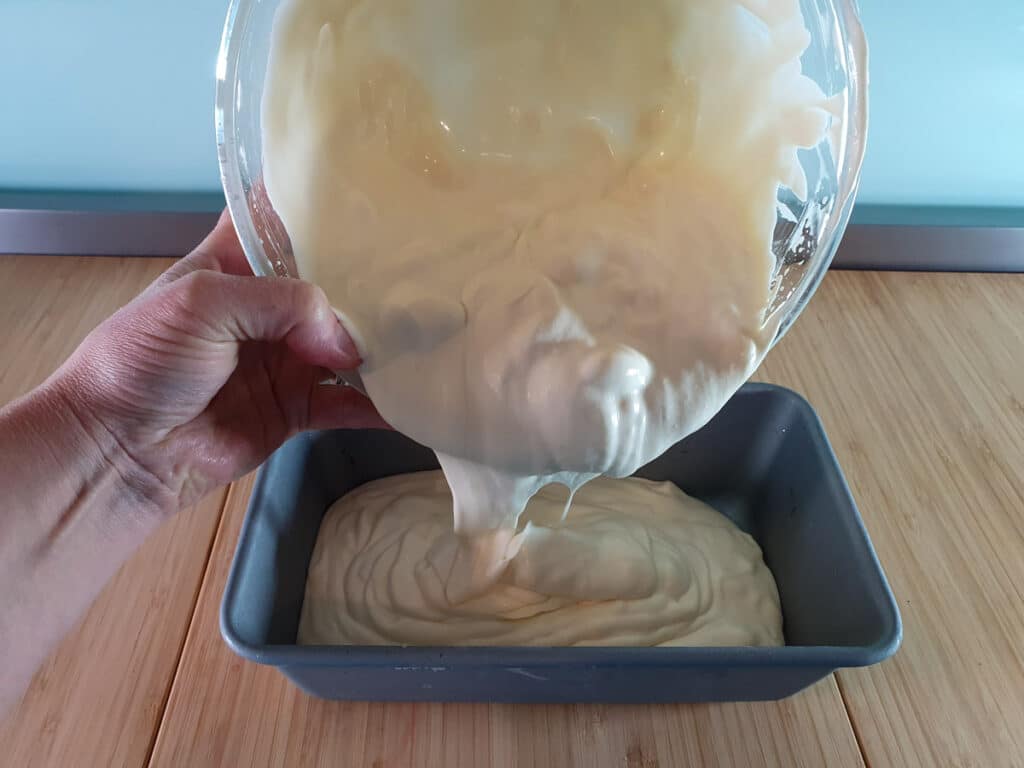 3 Ingredient Ice Cream 10 Tipping mix into a loaf pan.