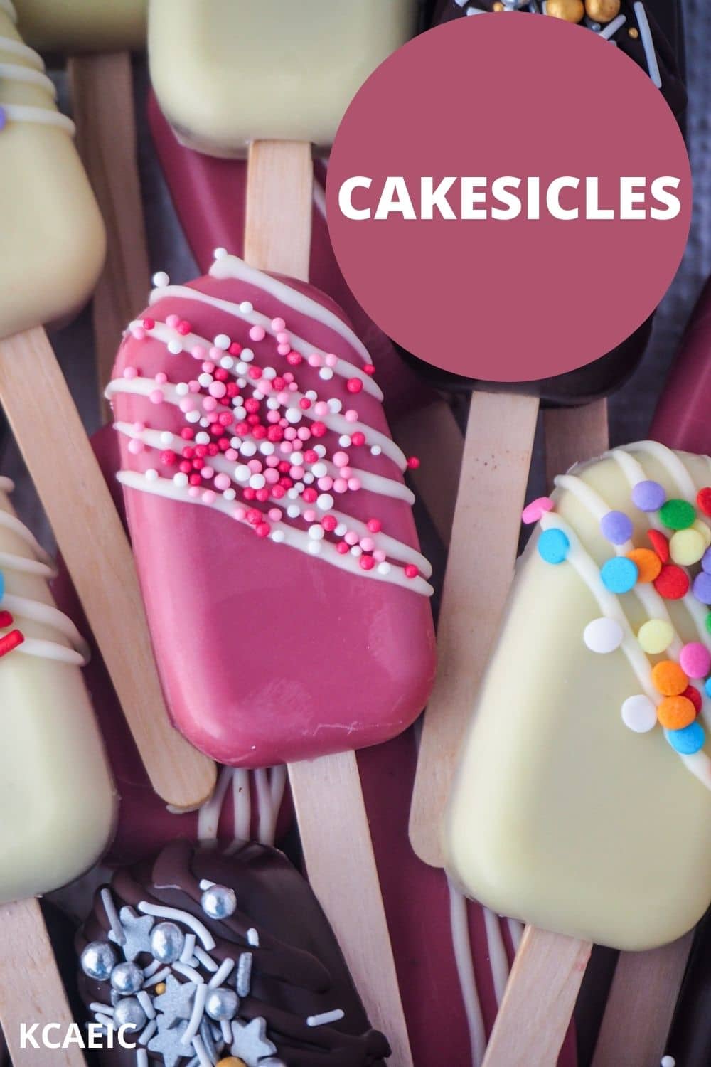 Pile of pops on a plate with text overlay, cakesicles, KCAEIC.