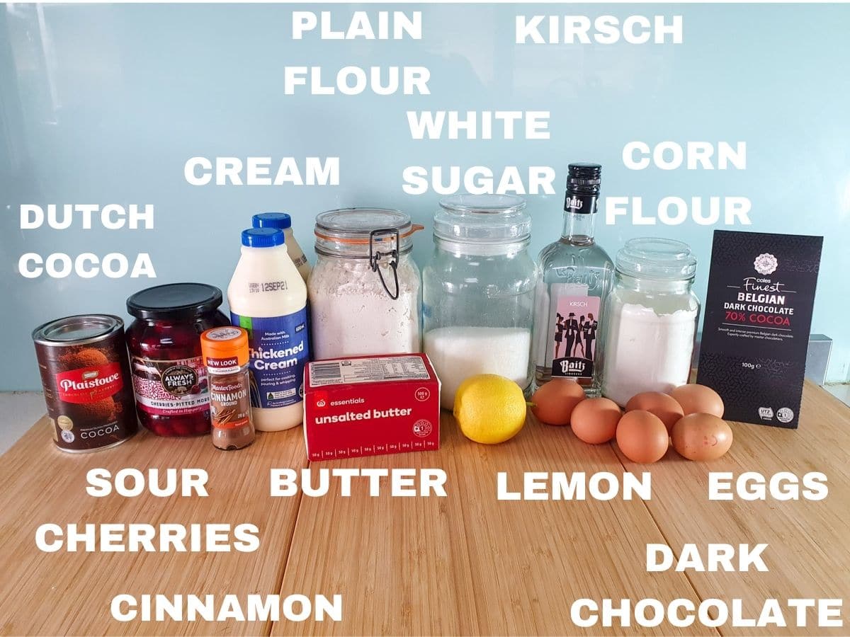 Ingredients, Dutch coat powder, sour cherries, cinnamon, cream, plain four, butter, white sugar, lemon, kirsch, eggs, corn flour, dark chocolate.