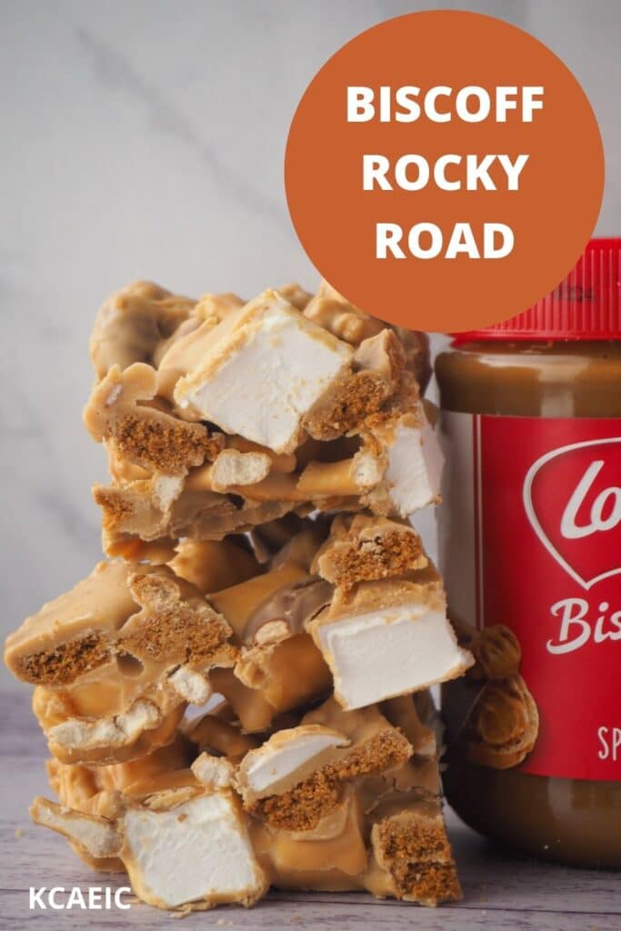 Stack of rocky road next to a jar of Biscoff, with text overlay, Biscoff Rocky Road, KCAEIC.