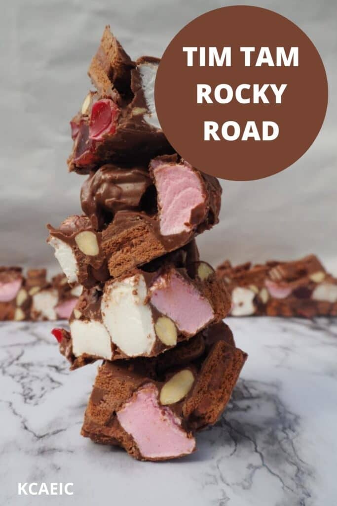 Stack of rocky road with text overlay, Tim Tam rocky road and KCAEIC.
