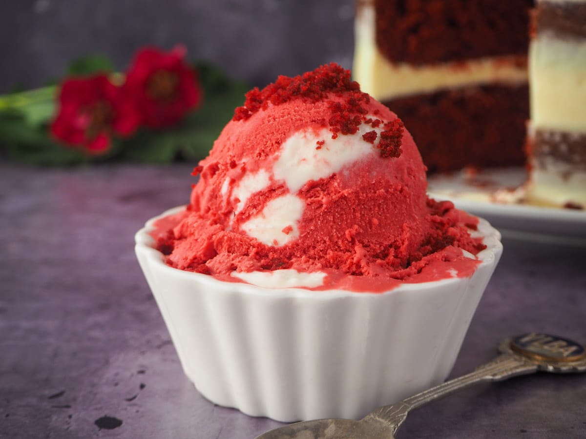 Scoop of ice cream with spoon, red velvet cake and red flowers in the background.