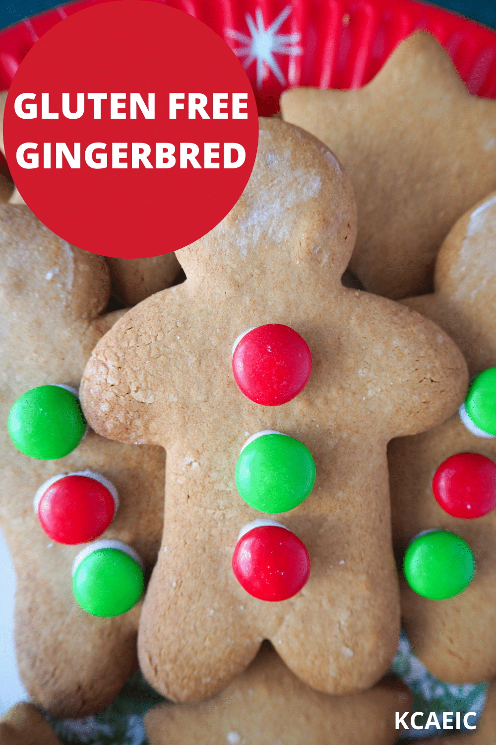 Plate of gingerbread med with text overlay, gluten free gingerbread and KCAEIC.