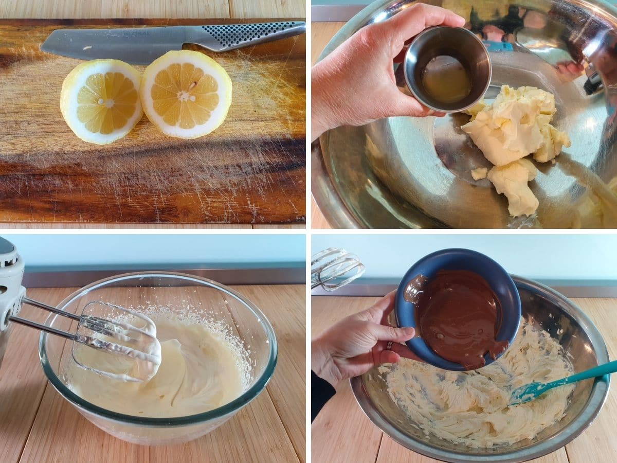 No Bake Chocolate Cheesecake 5 Process shots showing, slicing lemon to juice, adding lemon juice to room temp cream cheese, whipping cream to soft peaks and adding melted, cooled milk chocolate to cream cheese mix.