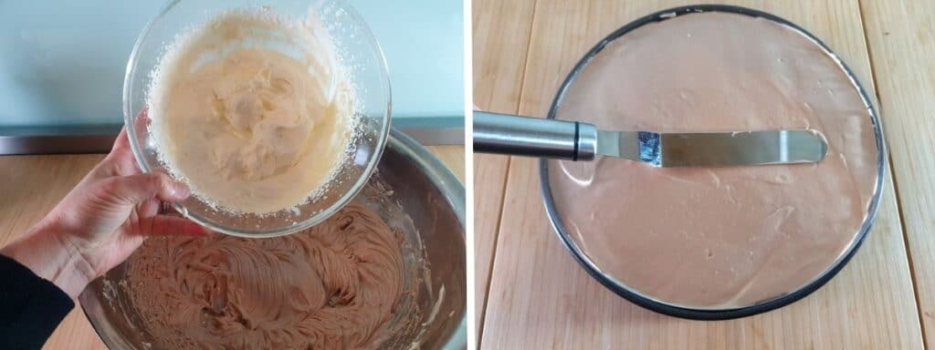 Process shot collage, showing adding whipped cream to chocolate cream cheese mix and smoothing down cheesecake mix in tin with an offset spatula.