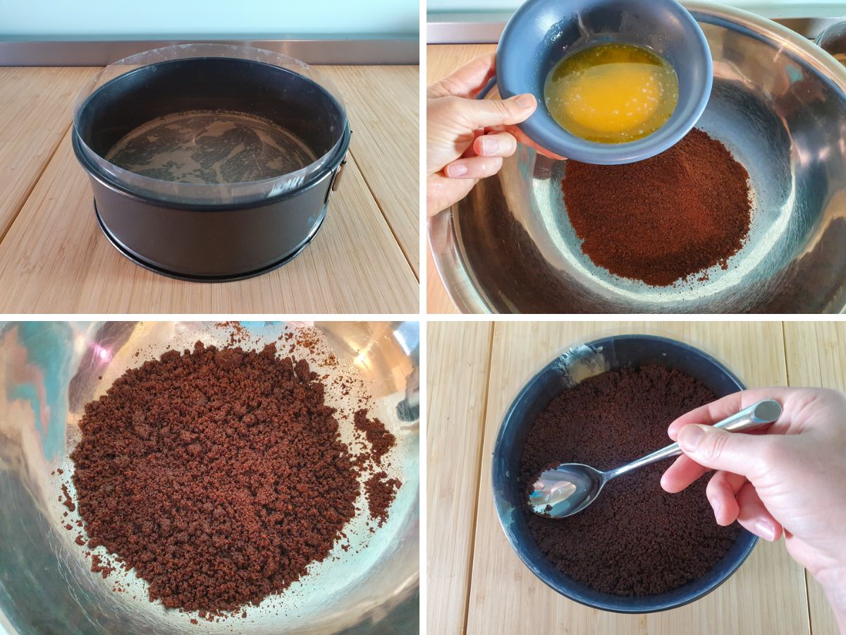 Process shots showing, lining cheesecake springform tin, adding melted butter to cookie crumbs, cookie crumbs with butter mixed in to form bread crumbs, pressing down cookie mix into lined tin with the back of a spoon.