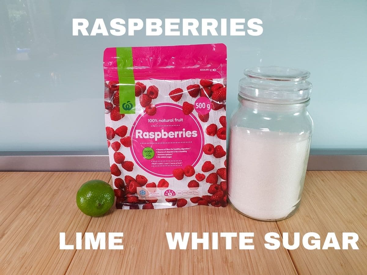 Ingredients, raspberries (frozen or fresh), fresh lime, white sugar.