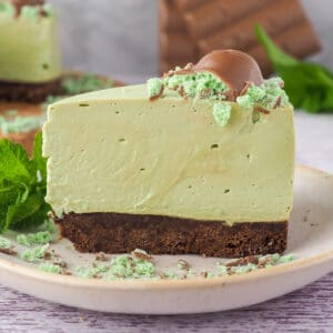 Close up of slice of Aero mint cheesecake