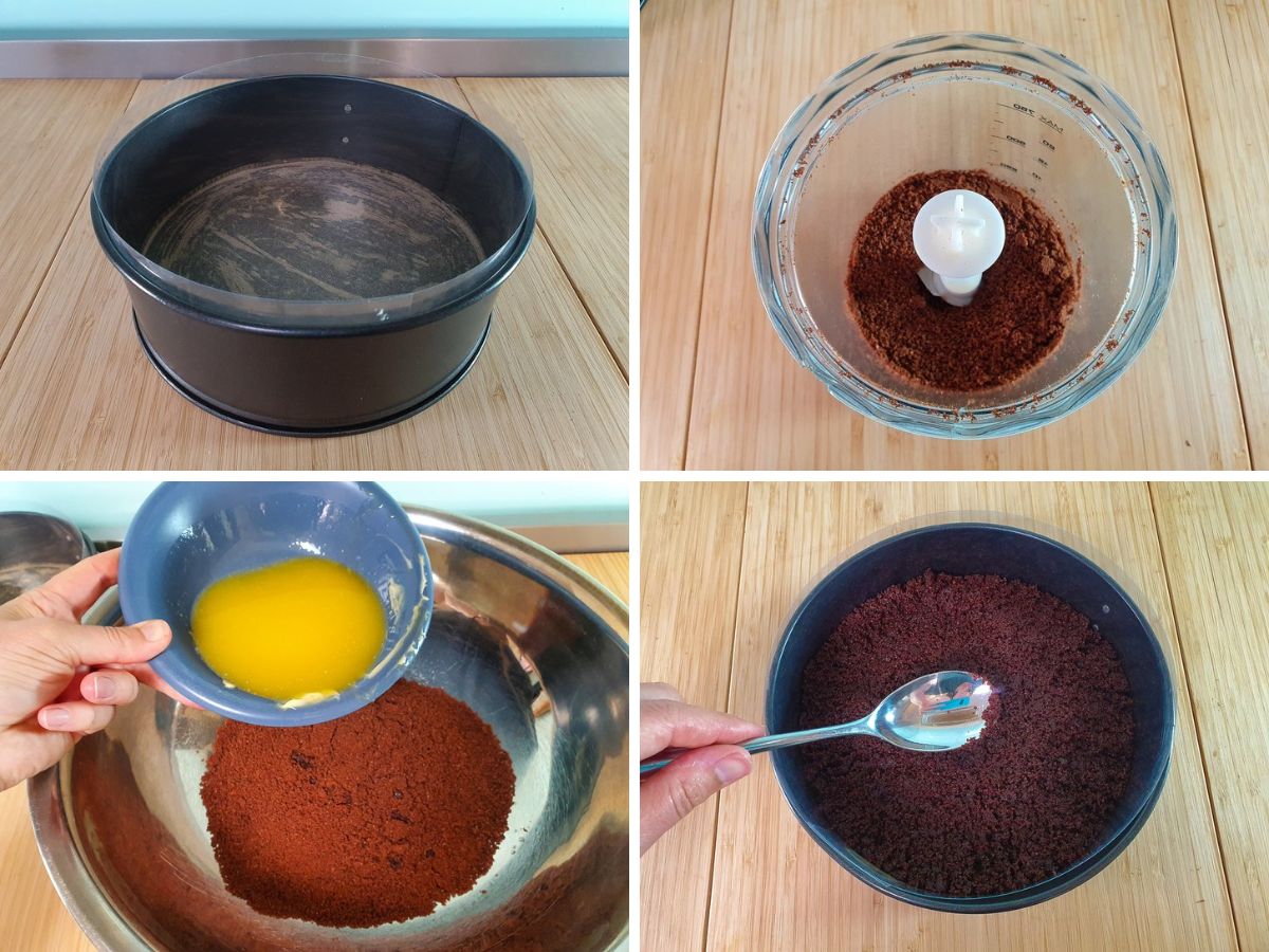 Process shots, making the base, lining the spring form pan with baking paper, grinding up the cookies in a food processor, adding melted butter and peppermint essence to cookie crumbs, smoothing down the cookie mix in the tin with the back of a spoon.