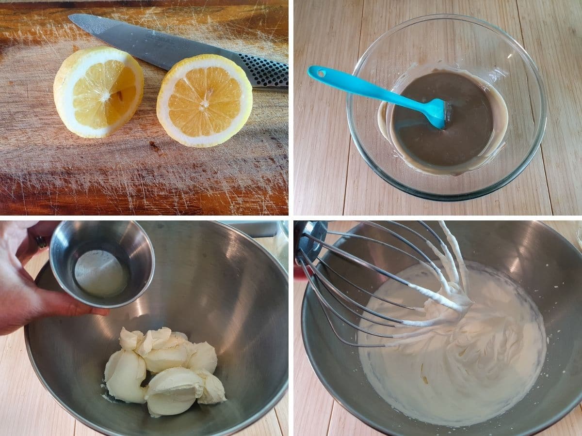 Aero Mint Cheesecake 5 Process shots, slicing the lemon to juice, melting the Aero mint chocolate, adding the lemon juice to the room temperature cream cheese, whipping the cream to firm peaks.