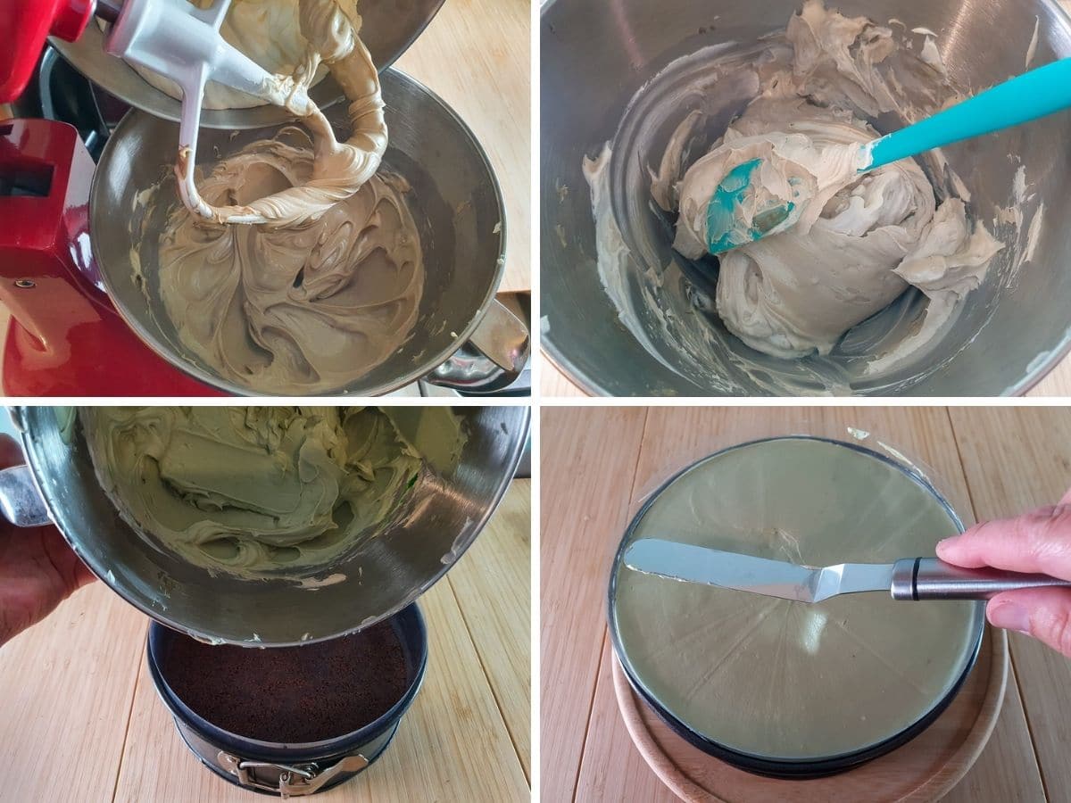 Process shots, beating the melted, cooled chocolate into the cream cheese, using a spatula to mix in/scrap the blind spots in the stand mixer bowl, adding the filled mix to the chilled base, smoothing down the top with an offset spatula.