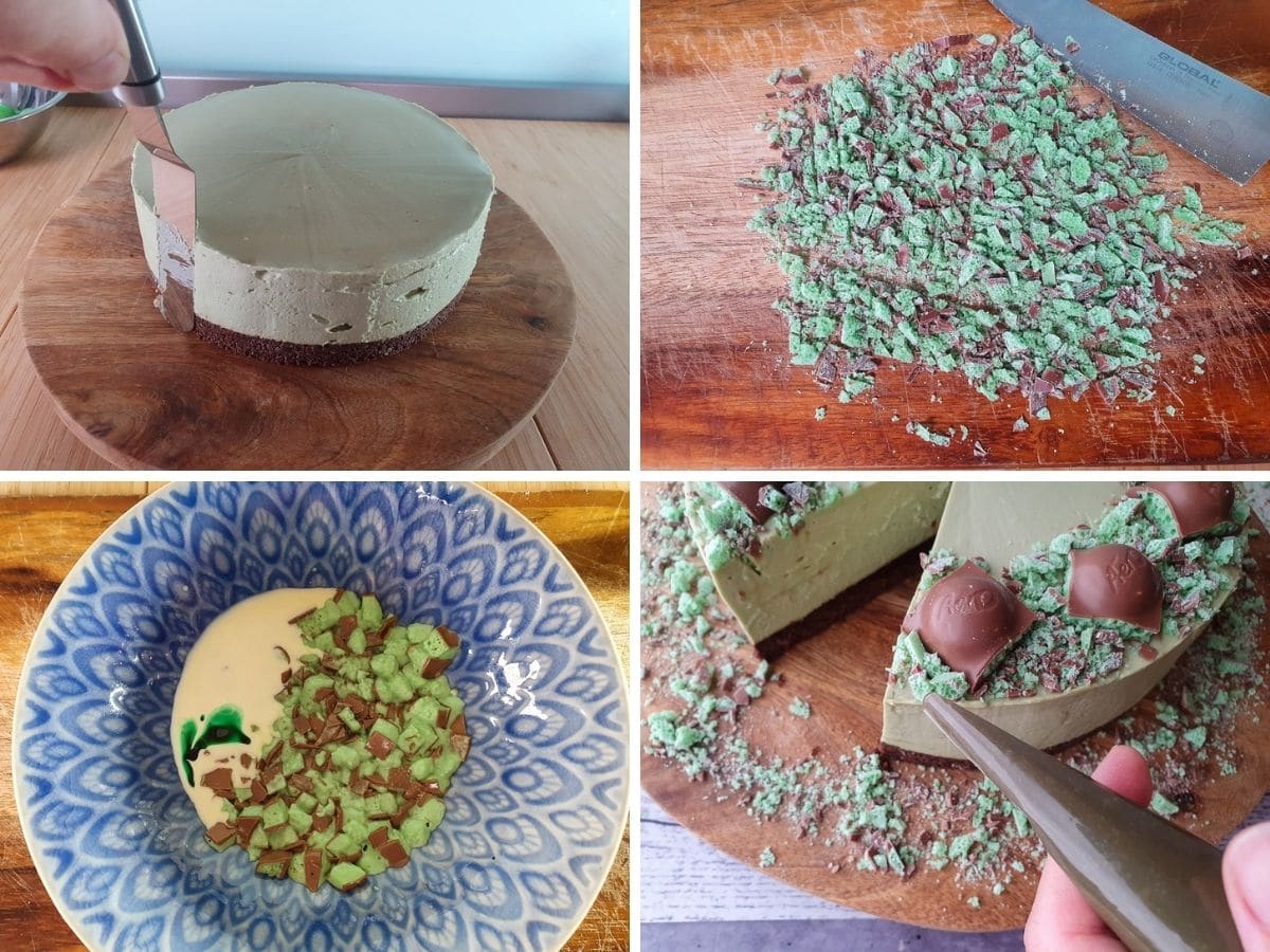 Aero Mint Cheesecake 7 Process shots, smoothing down out the side of the cheesecake with and offset spatula, chopping chocolate for decoration, melting chocolate with cream and food color of optional drip, applying drink with a pipping bag.