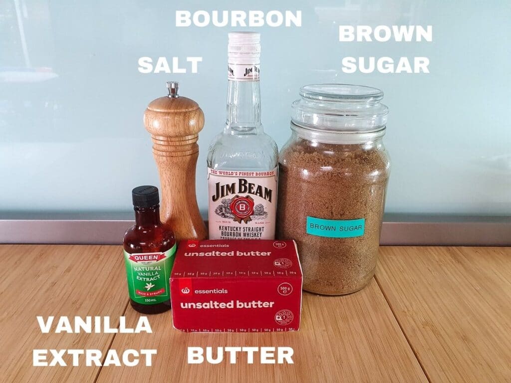 Bourbon butterscotch swirl ingredients: vanilla extract, salt, unsalted butter, bourbon, brown sugar.