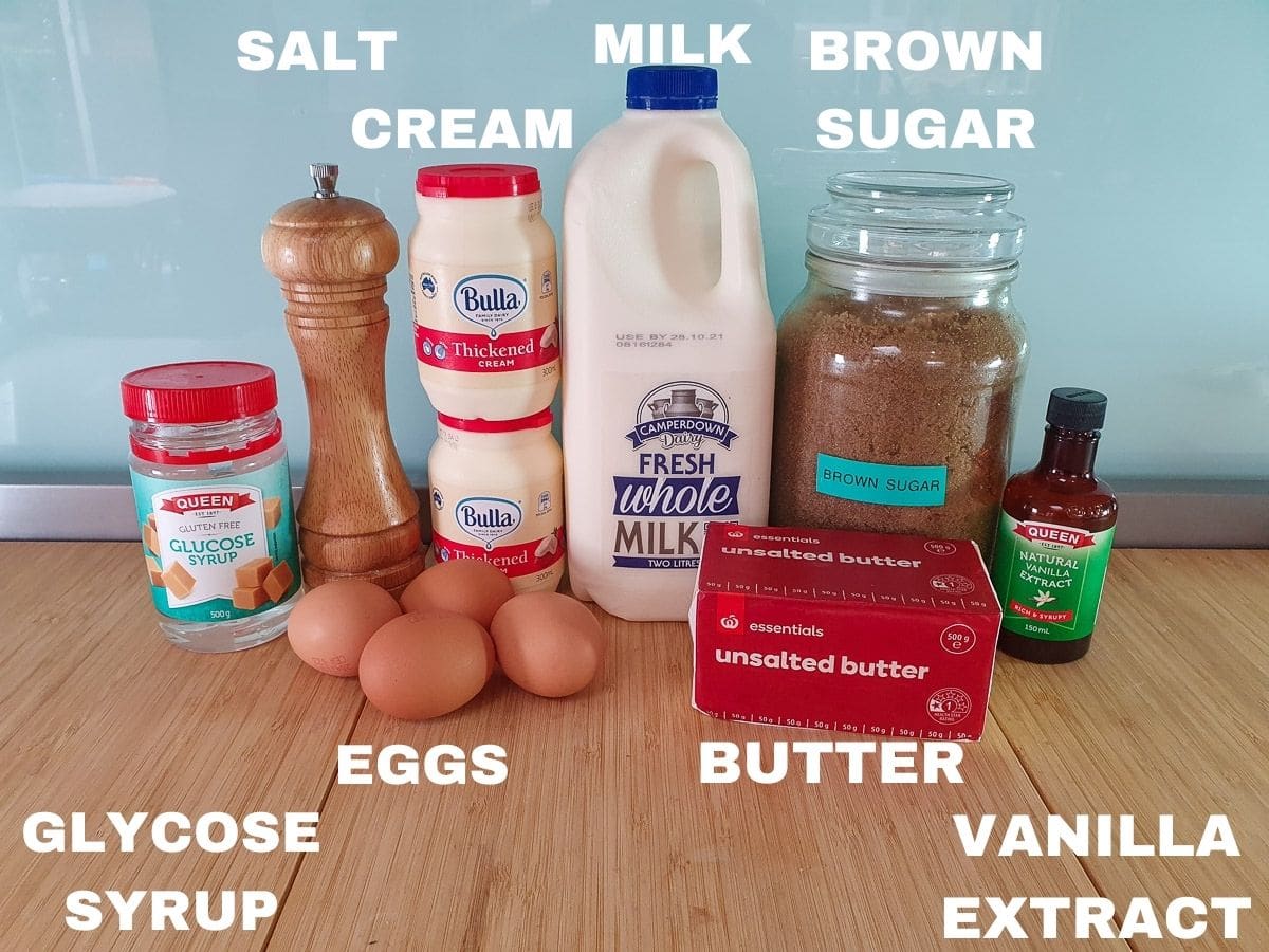 Butterscotch Ice Cream 4 Ingredients: glucose syrup, salt, thickened cream, egg yolks, whole milk, unsalted butter, brown sugar, vanilla extract.