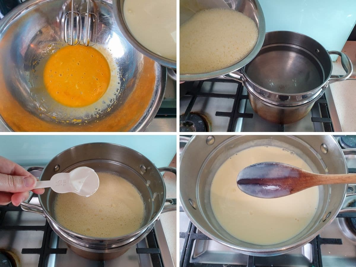 Process shots group 2: adding warmed milk and cream to egg yolks to temper them, pouring mix into to of double boiler, adding glucose syrup, testing custard is done when it holds a clear line when you run your finger along the back of a spoon.