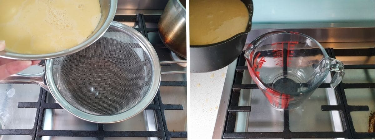 Butterscotch Ice Cream 8 Process shots mk3: straining custard mix into cooled butterscotch sauce, transferring mix into a heat proof container to chill in fridge.