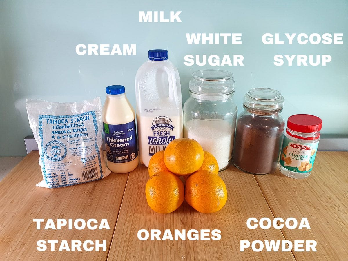 Chocolate orange ice cream 3 Ingredients, tapioca starch, cream, milk, oranges, white sugar, cocoa powder, glycose syrup.
