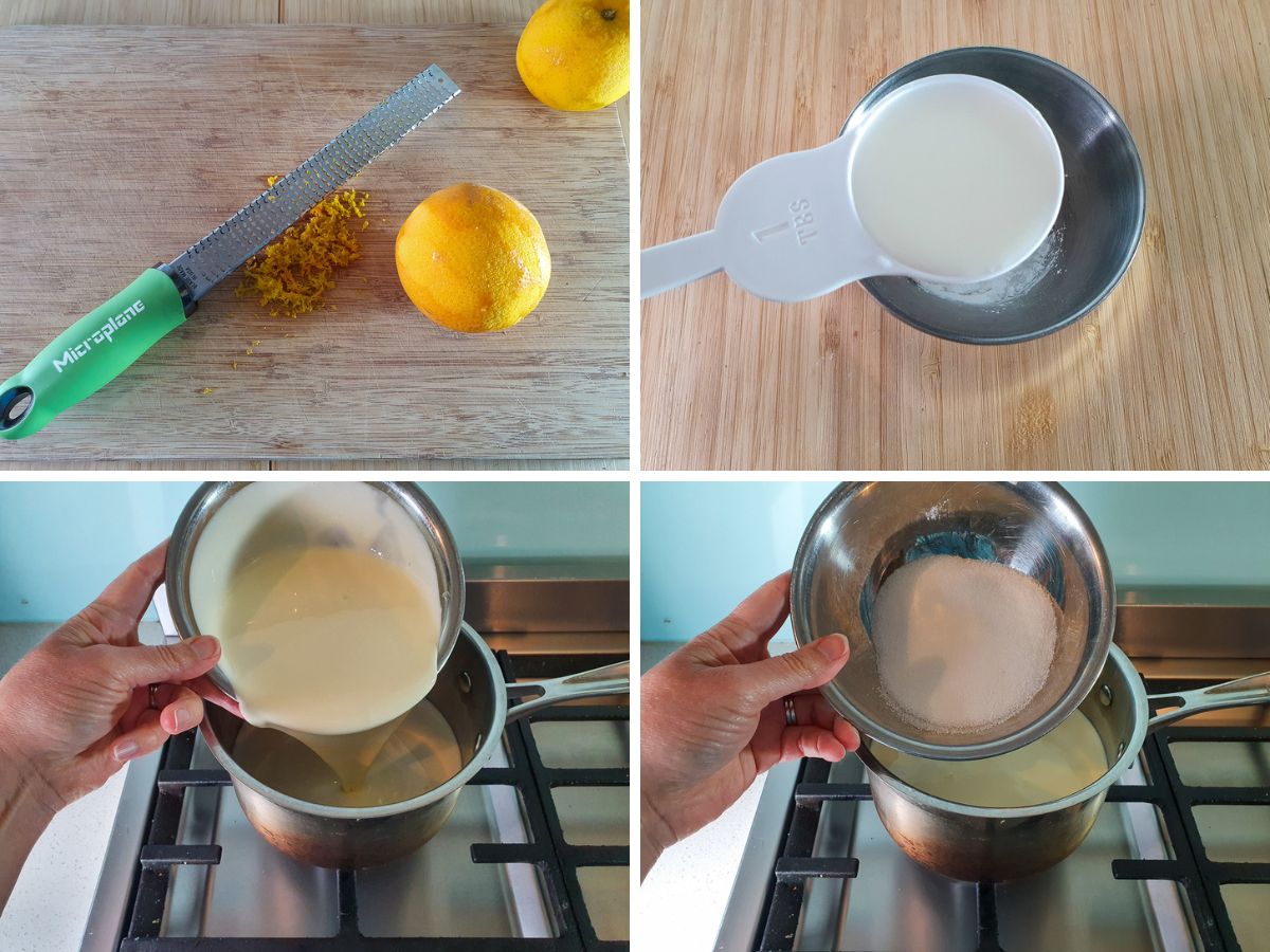 Process shots, zesting oranges, adding milk to tapioca starch in a small bowl, adding cream and milk to pot, adding sugar to pot.