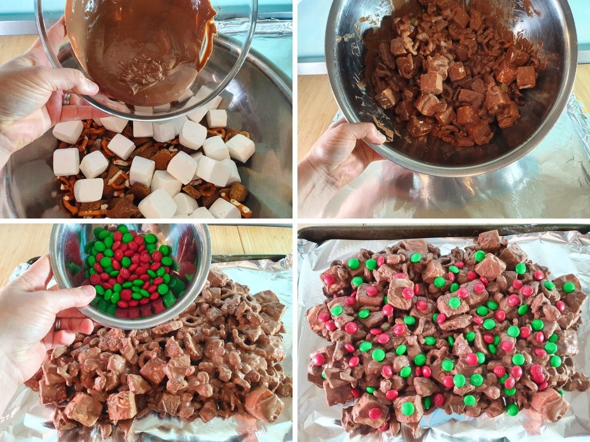 Process shots, adding melted chocolate to dry ingredients, tipping onto lined baking try and sprinkling with red and green candy.