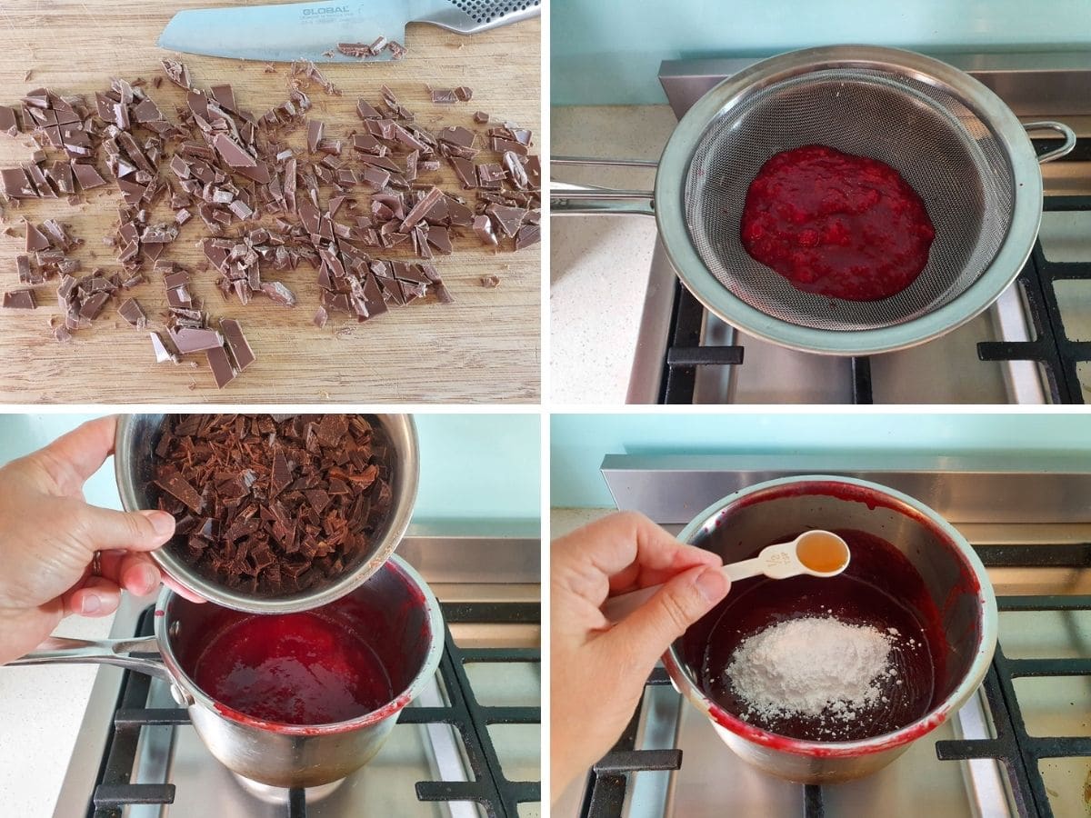 Process shots: chopping chocolate, straining defrosted raspberries, adding chopped chocolate to cooked down raspberry puree and adding icing sugar and vanilla essence to the mix.