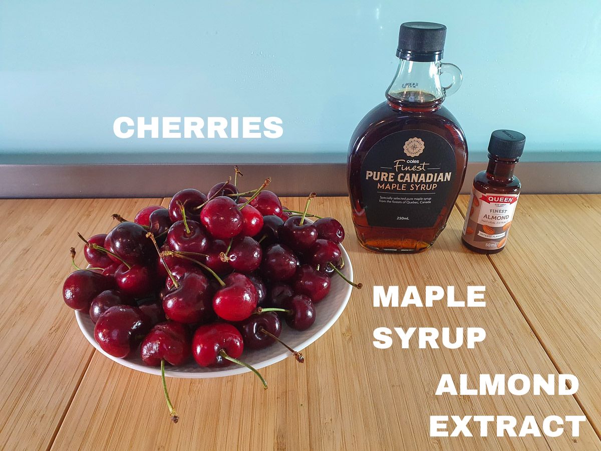 Ingredients: fresh cherries, maple syrup, almond extract, tapioca starch (not pictured).