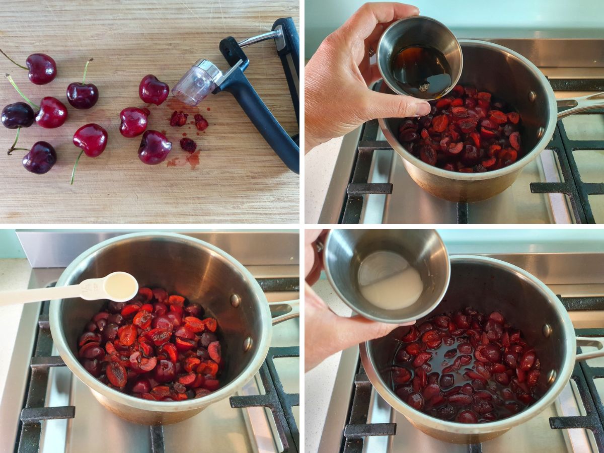 Process shots: pitting can cutting up cherries, adding maple syrup to cherries in pot, adding almond extract, adding tapioca starch and water slurry.