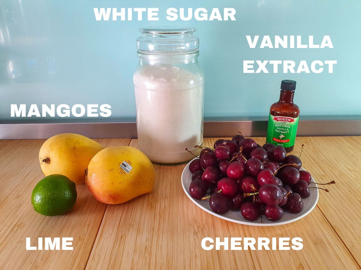 Cherry Mango Popsicles 3 Ingredients: fresh mango, lime, white sugar, fresh cherries, vanilla extract.