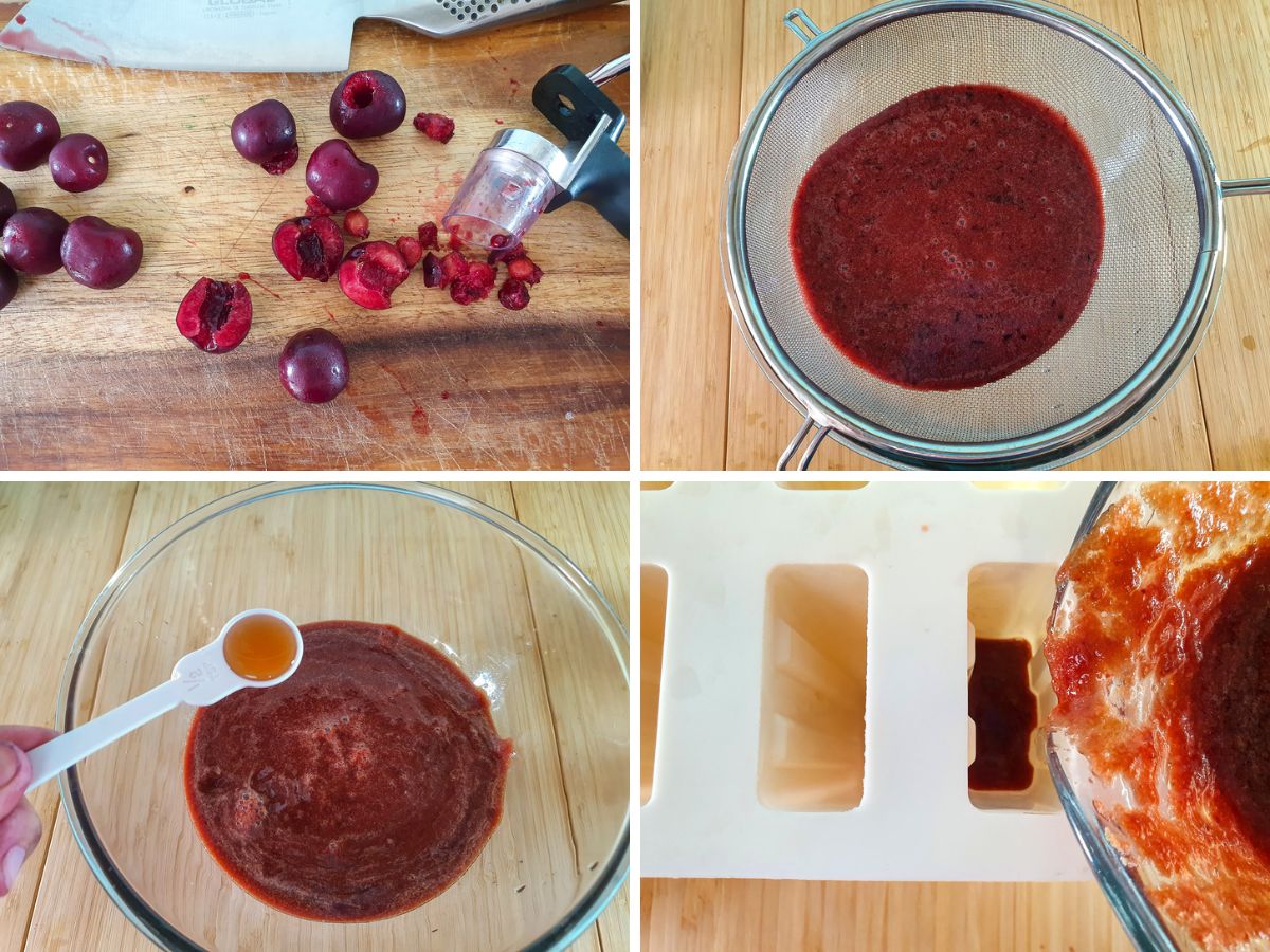 Process shots: pitting and slicing the cherries, straining the blended cherries, adding vanilla essence and sugar, pouring mix into popsicle molds.