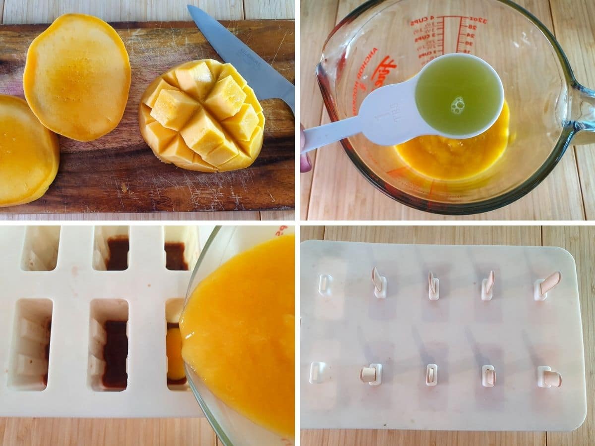 Cherry Mango Popsicles 5 Process shots: slicing the mango flesh, adding lime and sugar to blended mango flesh, pouring mango over semi set cherry, adding popsicle sticks before freezing.