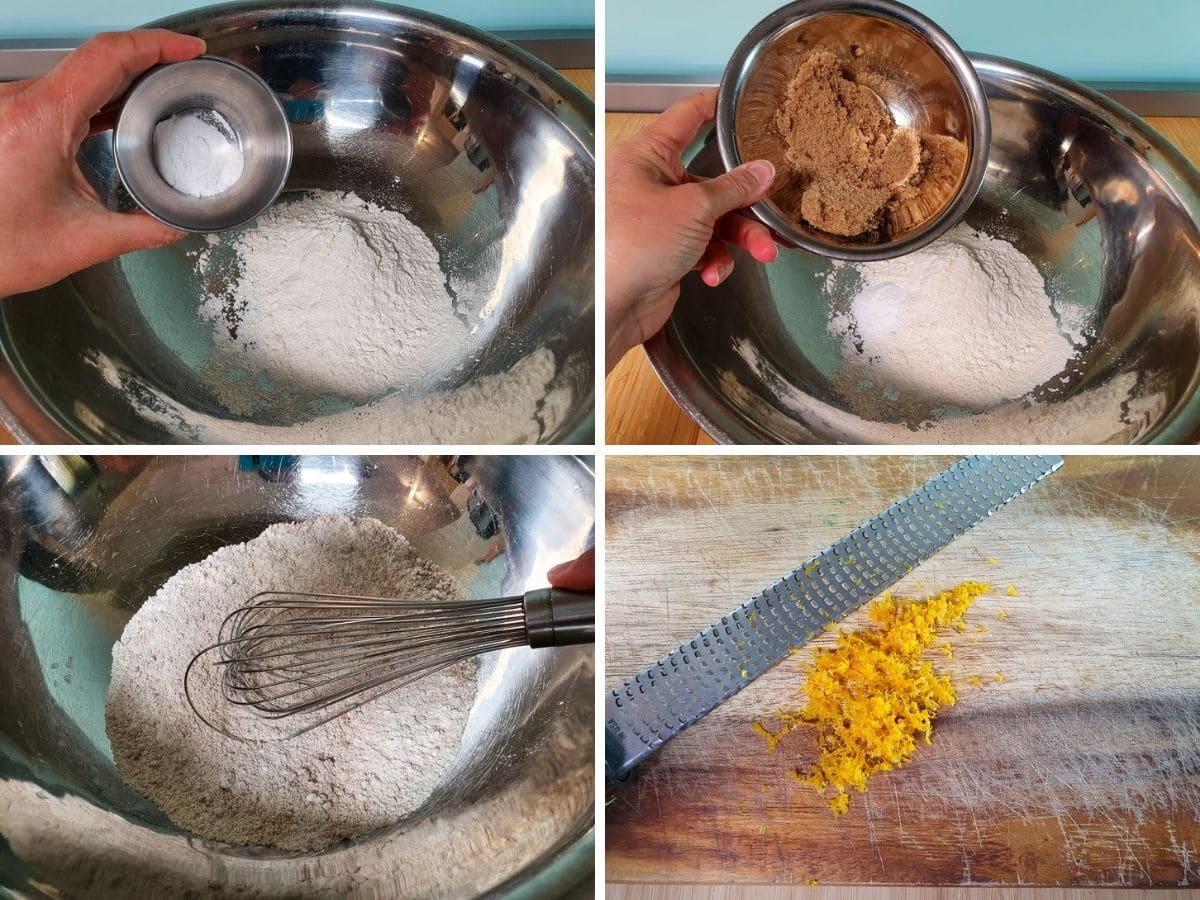 Process shots mk1 - adding baking powder, baking soda and salt to flour, adding brown sugar, mixing dry ingredients with a whisk, zesting oranges.